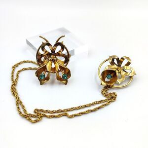 Vintage CM 12K Gold Filled Blue Rhinestone Floral Lily Brooch Pin Duet